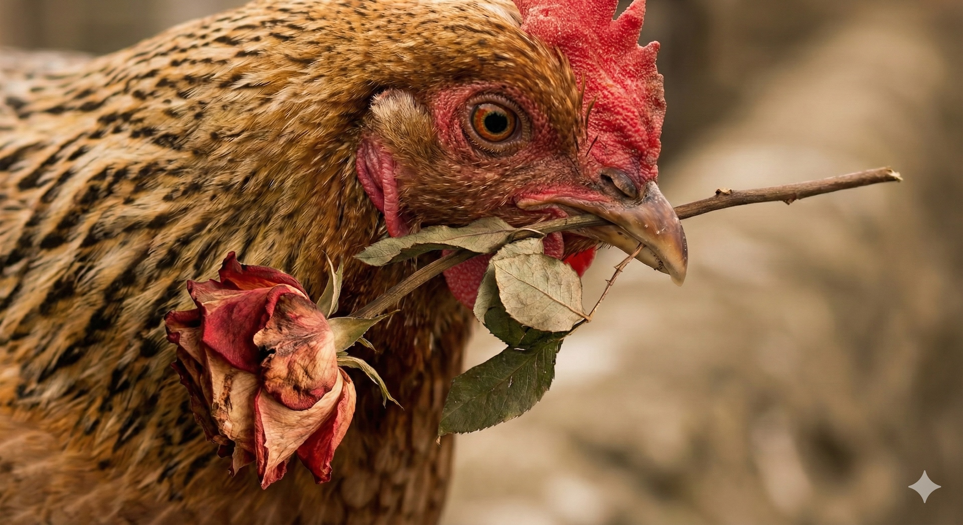 An AI generated image of a chicken holding a wilting rose in it's mouth.